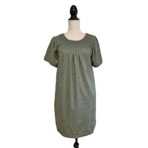 Old Navy Olive Green Floral Embroidered Smocked Neck Babydoll Dress Size M